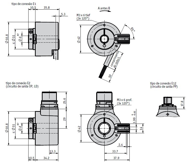 Desenho técnico do encoder rotativo incremental IH5815