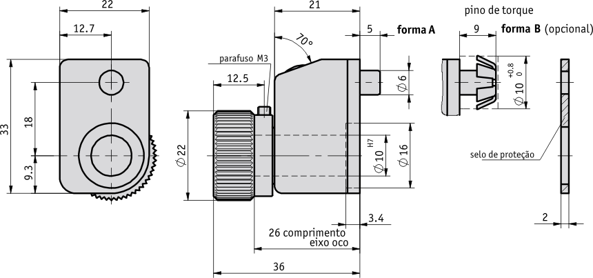 Desenho técnico do indicador de posição tipo manopla DK05
