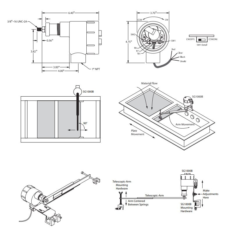 Desenho técnico - Sensors de posição linear SG1000B (dimensional)