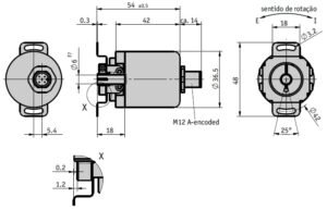 Desenho técnico do encoder absoluto rotativo com carcaça metálica e eixo oco AH36M