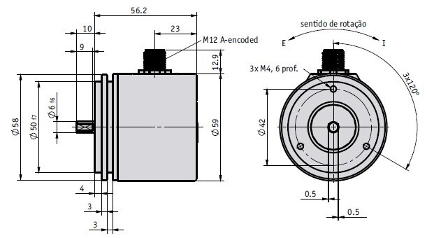 Desenho técnico do encoder absoluto rotativo com carcaça metálica e eixo sólido AV58M