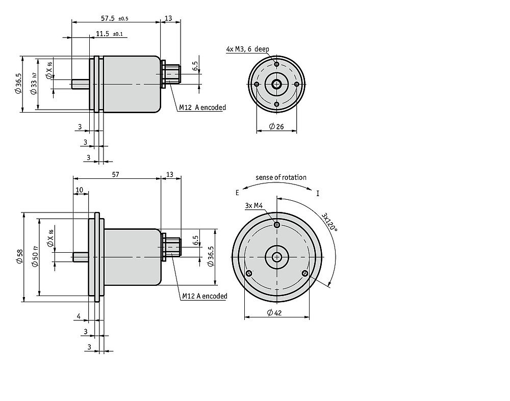Desenho técnico do encoder absoluto rotativo com carcaça metálica e eixo sólido WV36M-SSI