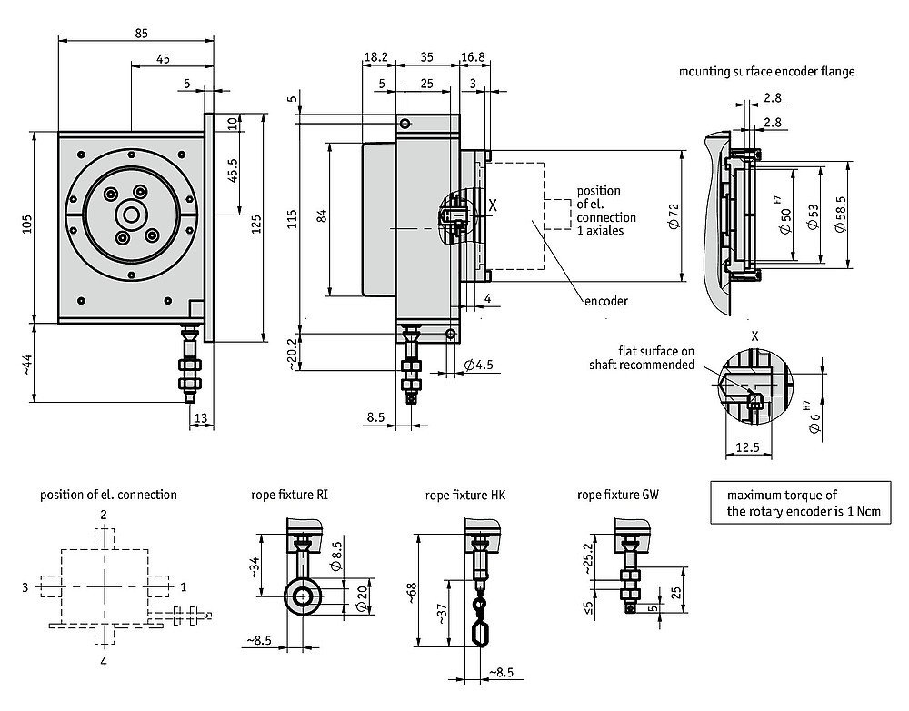 Desenho técnico do encoder atuador a fio SG121 da Siko GmbH