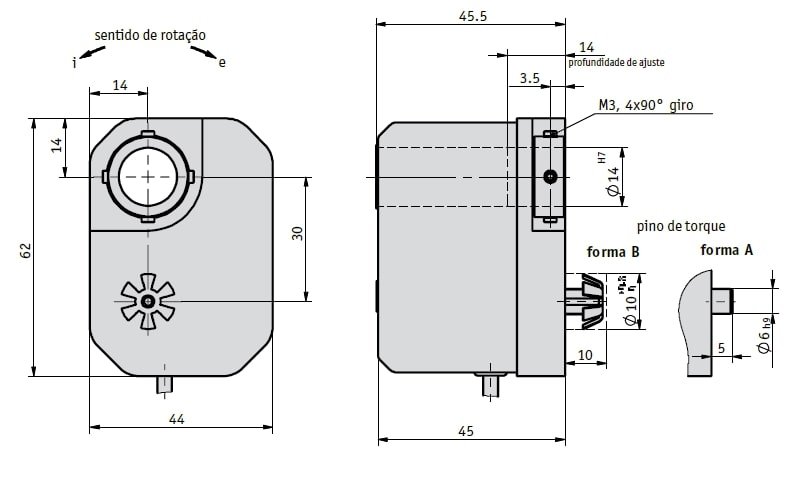 Desenho técnico do potenciômetro com engrenagem GP02