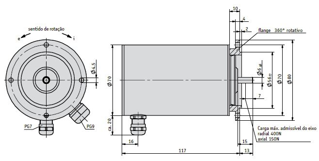 Desenho técnico do potenciômetro com engrenagem GP43