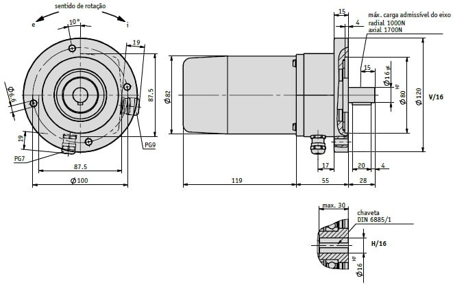 Desenhot técnico do potenciômetro com engrenagem GP44