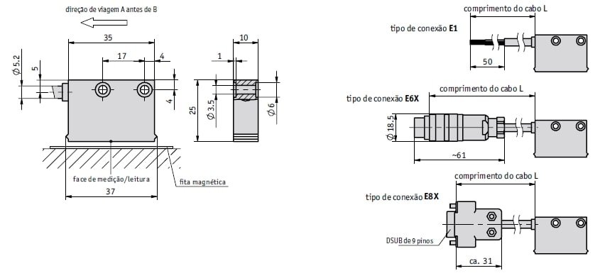 Desenho técnico do sensor magnético MSK210 linear