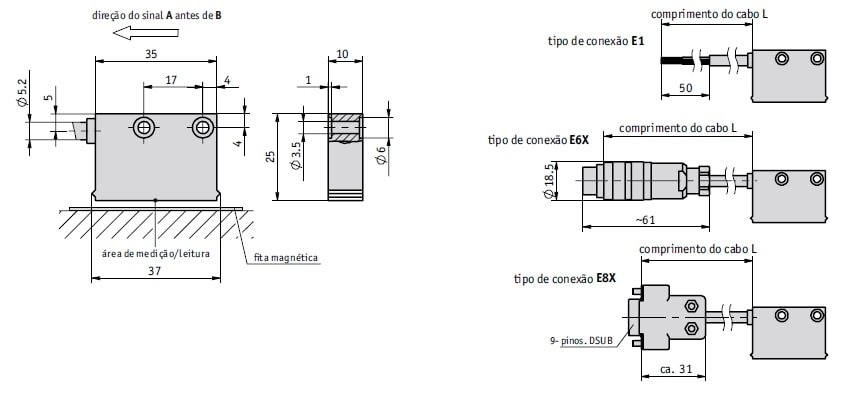Desenho técnico do sensor magnético MSK210 rotativo