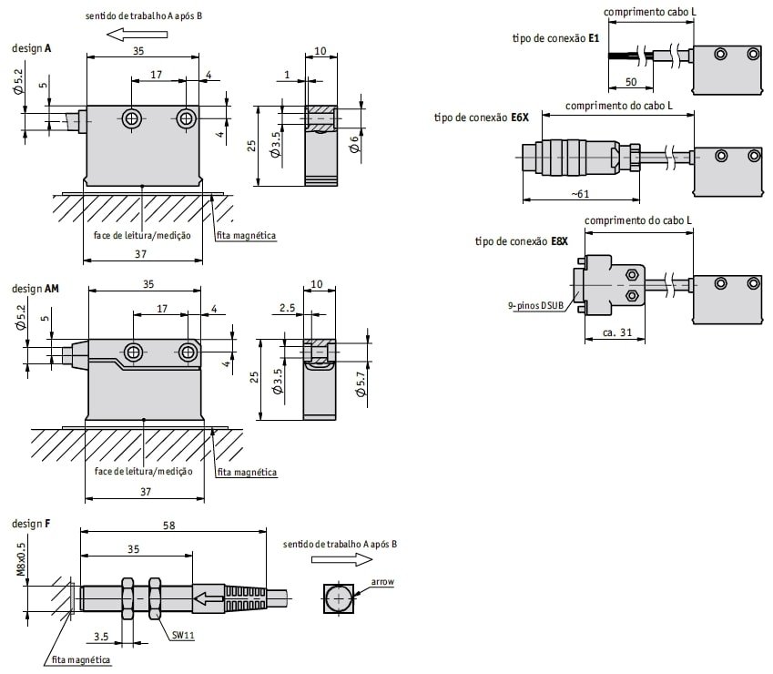 Desenho técnico do sensor magnético MSK320 linear