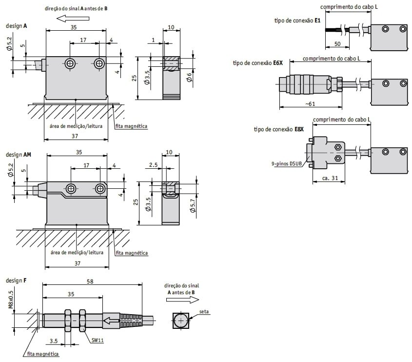 Desenho técnico do sensor magnético MSK320 rotativo
