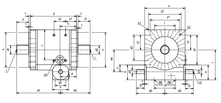 Desenho técnico da caixa de engrenagem com faseador 1-1 PD2-PDS da Tandler