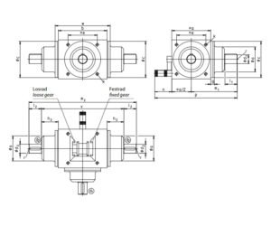 Dimensões da caixa de engrenagem com alavanca para inversão, desengate ou alternância de um dos eixos de saída da Tandler