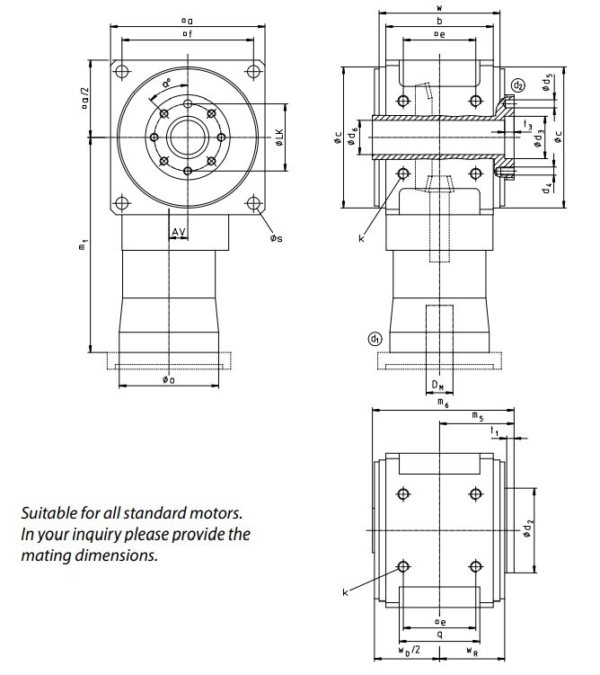 Desenho técnico do redutor hipóide com flange robô e eixo oco da Tandler