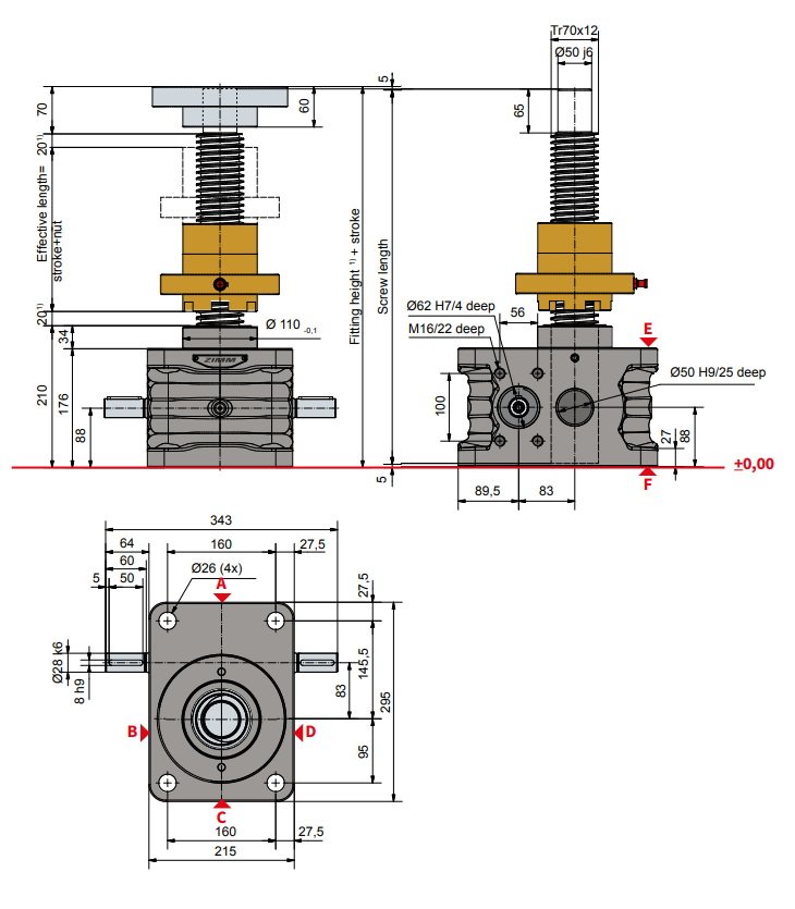 Desenho técnico macaco mecânico 200 kN (Série ZE versão R) da Zimm GmbH