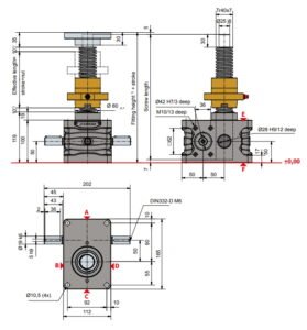 Desenho técnico macaco mecânico 35 kN (Série ZE versão R) da Zimm GmbH